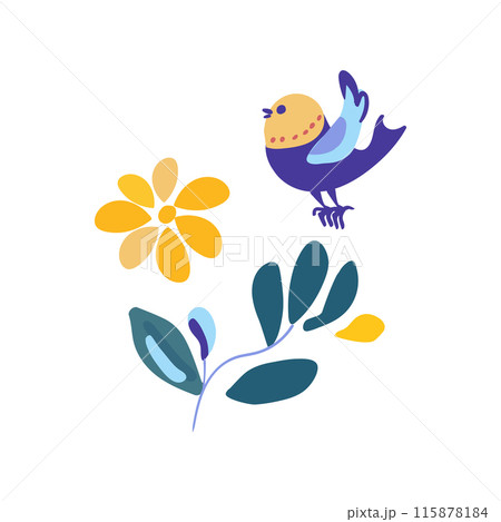 Minimalist graphic featuring a branch with a yellow flower and a bird. Simple and elegant design suitable for various decorative purposes. 115878184