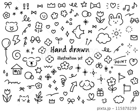 手描きのかわいい飾りイラストのベクターイラストセット 手書き 鳥 くま 花 ハート リボン うさぎ 手描きのかわいい飾りイラストのベクターイラストセット 手書き 鳥 くま 花 ハート リボン うさぎ 115878239