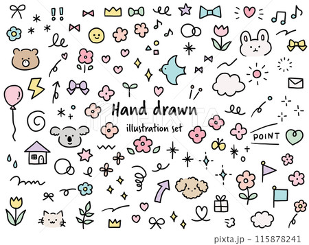 手描きのかわいい飾りイラストのベクターイラストセット　手書き　鳥　くま　花　ハート　リボン　うさぎ 115878241
