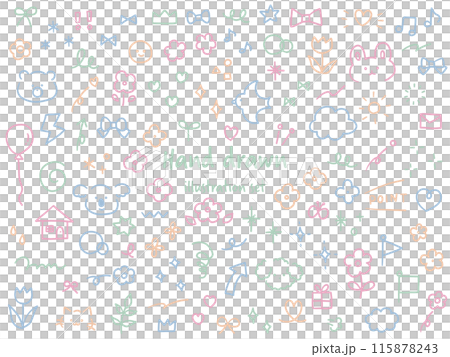 向量插圖集可愛的手繪裝飾插圖-手寫鳥、熊、花、心、絲帶、兔子 115878243