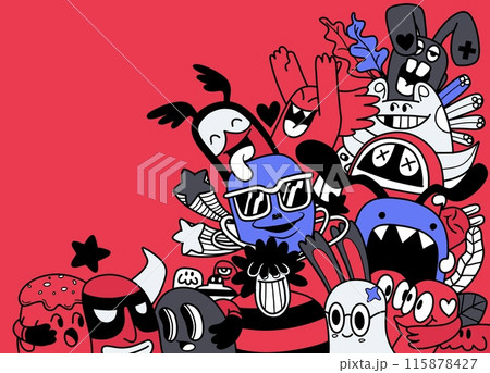 Colorful Doodle Characters on Red Background 115878427