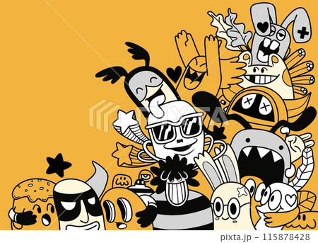 Cartoon Doodle Characters on Yellow Background 115878428