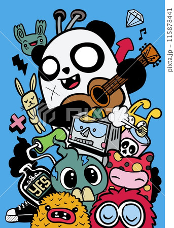 Colorful Cartoon Doodle Characters with Guitar Colorful Cartoon Doodle Characters with Guitar 115878441