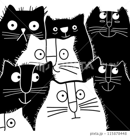 Black and White Cartoon Cats with Expressions 115878448