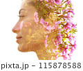 A beautiful floral double exposure profile portrait of a woman 115878588