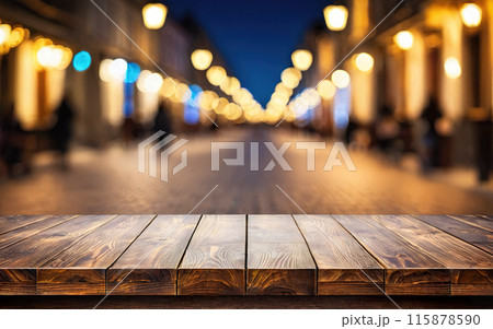 wooden empty table mockup on street bokeh background wooden empty table mockup on street bokeh background 115878590