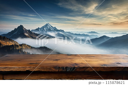 rocks in the fog and empty wooden table close-up, mockup 115878621