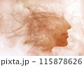An ephemeral profile portrait silhouette of a woman in a double exposure 115878626