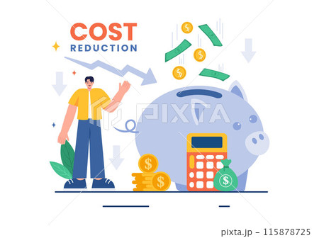 Cost Reduction Vector Illustration depicting Decrease, Price Minimization, or Falling Profit Rates in Business, in a Flat Style Cartoon Background Cost Reduction Vector Illustration depicting Decrease, Price Minimization, or Falling Profit Rates in Business, in a Flat Style Cartoon Background 115878725