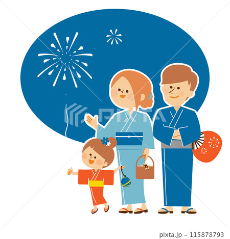 日本の夏祭り　花火大会　浴衣を着て笑顔で立つ家族のイラスト 115878793