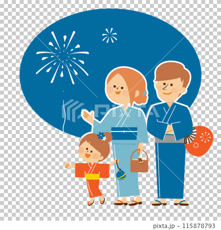 Japanese summer festival fireworks display illustration of a family standing smiling wearing yukata 115878793