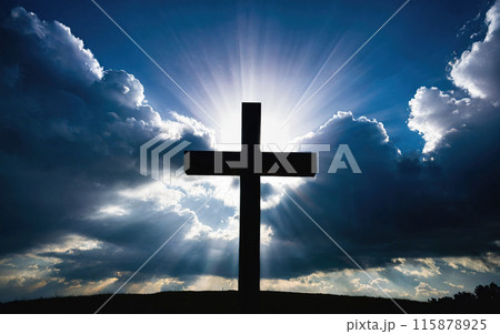 Jesus Christ cross, Christian cross on a background of dramatic sky 115878925