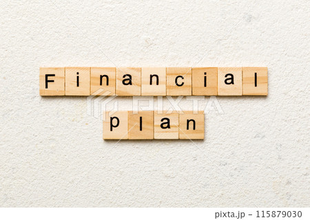 financial plan word written on wood block. financial plan text on cement table for your desing, concept 115879030