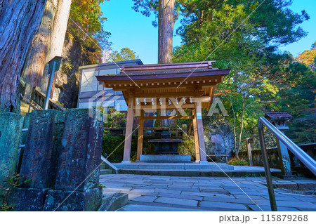 秋の群馬県高崎市 榛名神社の瓶子の滝(みすずのたき)付近の御水屋と矢立杉 秋の群馬県高崎市 榛名神社の瓶子の滝(みすずのたき)付近の御水屋と矢立杉 115879268