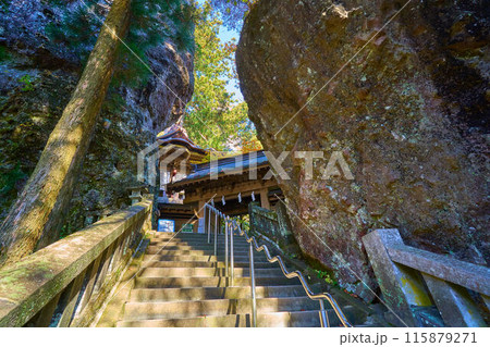 秋の群馬県高崎市 榛名神社の御水屋上の石段から矢立杉、大岩,神門方面 115879271