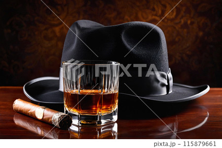 glass of whiskey, cigar and black hat 115879661
