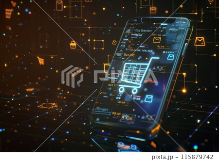 Cart and cyber retail. Internet shop and digital basket. Mobile smartphone for e-business. Computer business technology 115879742