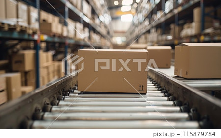 Box package on factory. Shipping of parcel packaging. Cargo manufacturing warehouse, logistics and delivery industry. Conveyor transportation and distribution. Automation roll manufacture 115879784
