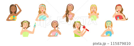 Woman Enjoy Beauty Procedure Routine and Self Care Vector Set 115879810