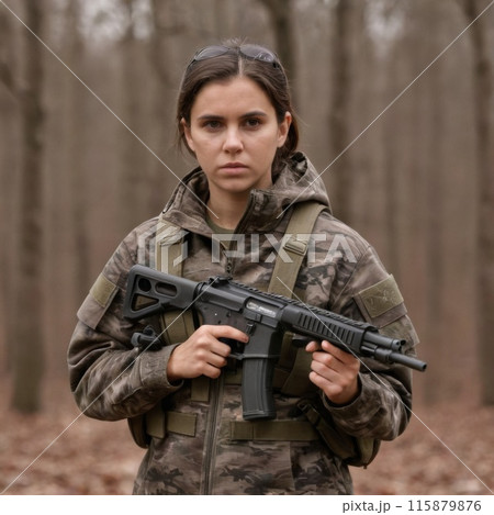 Medium shot portrait of a serious-looking Caucasian female soldier with brown hair, dressed in camouflage and holding a rifle, standing in a forest, embodying strength and determination 115879876