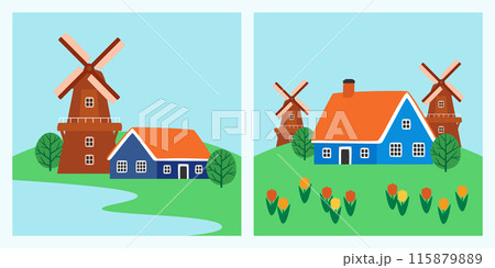 カラフルな家と風車、チューリップの咲くオランダの村の風景 カラフルな家と風車、チューリップの咲くオランダの村の風景 115879889