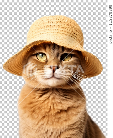 Cute cat in a straw hat in summer clothes with a smile on a transparent background Cute cat in a straw hat in summer clothes with a smile on a transparent background 115879899