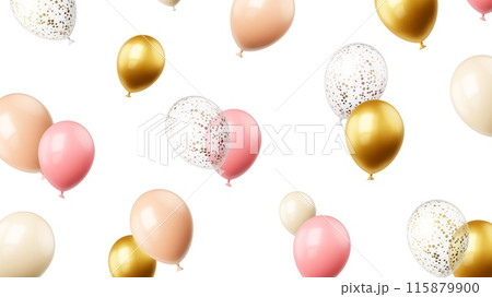 Flying realistic balloons background. Isolated golden pink beige balloon, elements with sparkles inside. Birthday, opening show, wedding anniversary vector backdrop 115879900