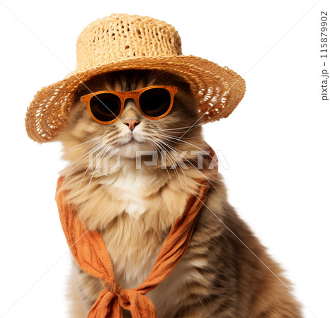 Cute cat in cool glasses and a straw hat in summer clothes with a smile on a transparent background. Cute cat in cool glasses and a straw hat in summer clothes with a smile on a transparent background. 115879902