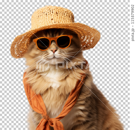 Cute cat in cool glasses and a straw hat in summer clothes with a smile on a transparent background. Cute cat in cool glasses and a straw hat in summer clothes with a smile on a transparent background. 115879902