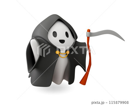 Ghost 3d character. Isolated death in black cloak with hood and scythe. Halloween party, spooky phantom or specter. Render realistic vector element Ghost 3d character. Isolated death in black cloak with hood and scythe. Halloween party, spooky phantom or specter. Render realistic vector element 115879908
