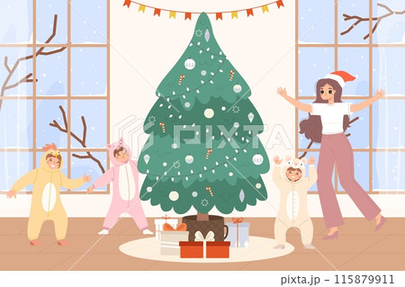 Christmas party with children. Kids wear costumes mouse pig and chicken. Costumed New year holidays with family. Decorated fir tree and gifts, vector scene 115879911
