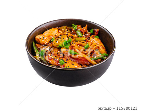 Spicy chicken stir fry in bowl Spicy chicken stir fry in bowl 115880123