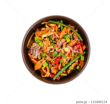 Delicious stir-fried beef and vegetable dish isolated on white Delicious stir-fried beef and vegetable dish isolated on white 115880124