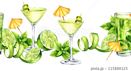 seamless board with different cocktails with olive fruits, umbrella, lime, leaves of mint, watercolor illustration of summer refreshing alcoholic drinks in a glass, sketch of martini, tequila, Mojito 115880125