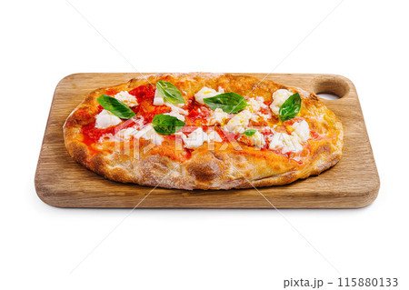 Fresh margherita pizza on wooden board Fresh margherita pizza on wooden board 115880133