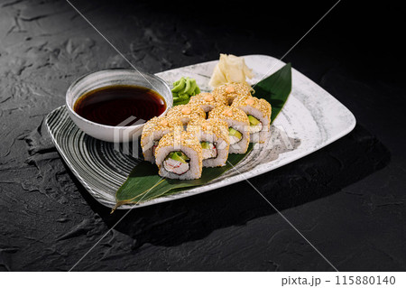 California roll sushi platter with soy sauce 115880140