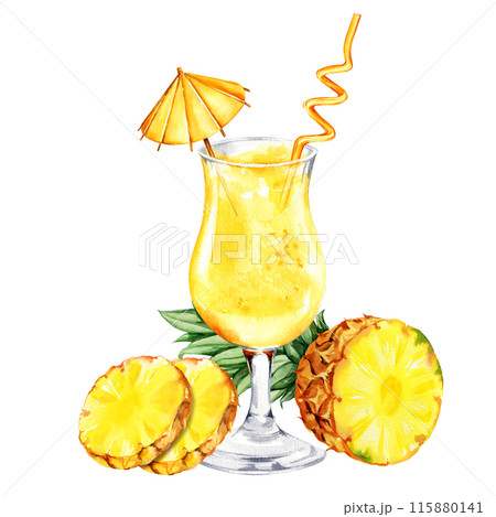 cocktail with a straw decorated with an umbrella, slices and half of raw pineapple, watercolor hand drawn illustration of summer refreshing drink in a glass, sketch of yellow tropical drink, food cocktail with a straw decorated with an umbrella, slices and half of raw pineapple, watercolor hand drawn illustration of summer refreshing drink in a glass, sketch of yellow tropical drink, food 115880141