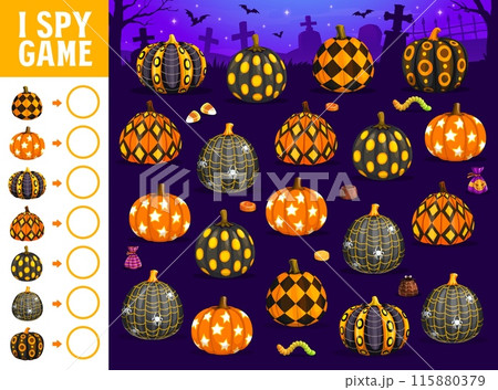 Halloween i spy game worksheet with holiday patterned pumpkins. Kids vector riddle, count how many cartoon colorful gourds on night cemetery. Children test, education task for baby counting learning 115880379