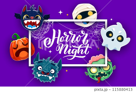 Halloween frame with funny holiday emoji characters. Horror holiday rectangular frame, Halloween party night vector card background or border with bat, mummy, werewolf and zombie, ghost, pumpkin emoji 115880413