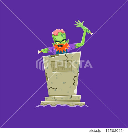 Cartoon Halloween scary zombie character near tombstone. Vector spooky scene of eerie undead figure lurk near a weathered grave, swinging decaying limb, embodying chilling horror with its vacant eyes 115880424