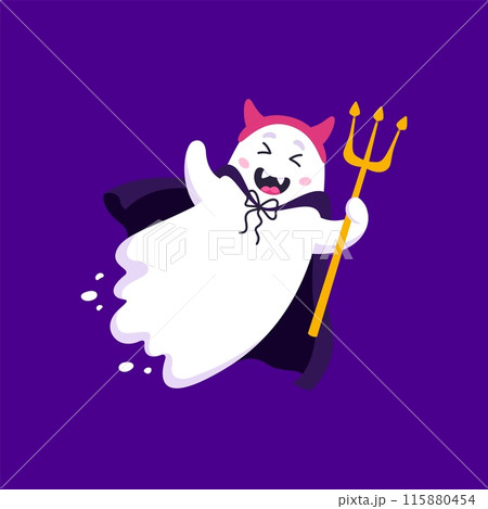 Funny cartoon Halloween kawaii ghost character dons cute devil horns, cape and pitchfork, for a whimsical party look. Adorable, playful vector spook combining funny elements for a charming costume 115880454