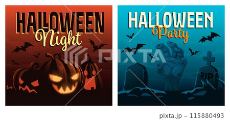 Halloween scary posters with sinister pumpkins glow with malevolence, eerie bats flying in the darkness and frightful, spine-tingling zombie hand emerging from the grave on haunted, chilling cemetery 115880493
