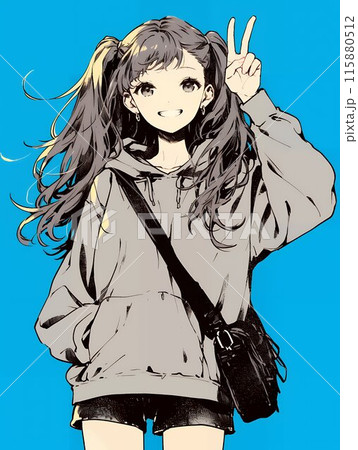 ピースサインするアニメ風の女の子 AIのイラスト素材 [115880512] - PIXTA