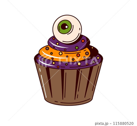 Cartoon retro groovy Halloween cupcake. Isolated vector spooky muffin with purple and orange frosting or cream swirl and creepy eyeball candy on top, hauntingly delicious trick or treat pastry snack Cartoon retro groovy Halloween cupcake. Isolated vector spooky muffin with purple and orange frosting or cream swirl and creepy eyeball candy on top, hauntingly delicious trick or treat pastry snack 115880520