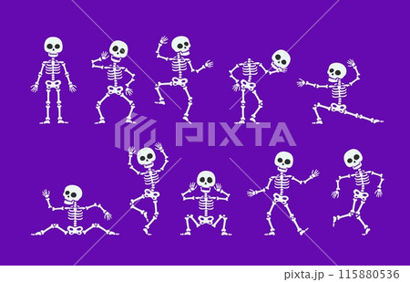 Halloween dancing skeleton characters. Vector funny energetic personages with animated joints, joyfully move to rhythmic beats, bony frames gracefully twist and turn, creating lively dance spectacle 115880536