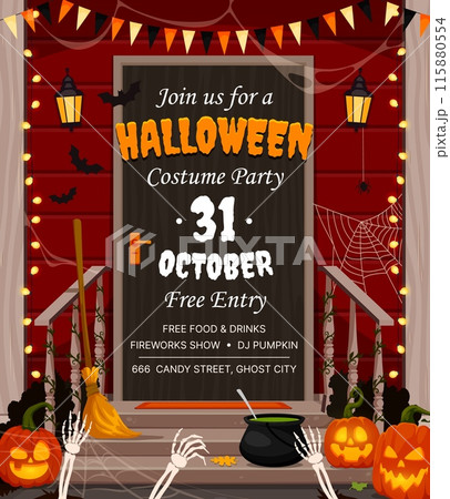 Halloween party flyer with holiday decorated door porch. Vector Halloween horror night trick or treat scary pumpkins, spooky skeleton hands and bats, spider, cobweb, witch broom and potion cauldron 115880554