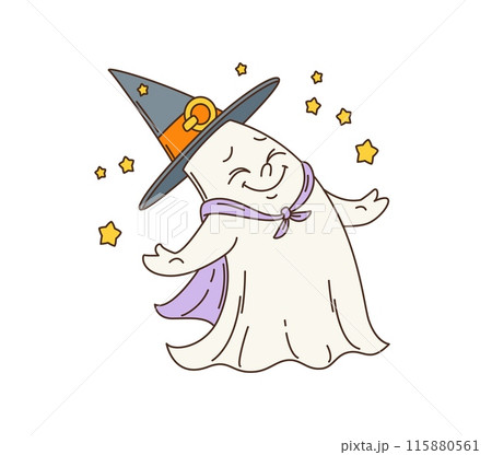 Cartoon retro groovy Halloween witch ghost character. Cute spooky white phantom or spirit vector personage with witch hat and cape costume making spell. Groovy emoji of Halloween holiday wizard ghost 115880561