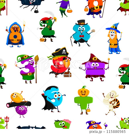 Cartoon Halloween numbers and digit characters pattern, vector background. Funny numbers in Halloween holiday costumes, six dracula and eight wizard with magic wand and math equals sign as witch 115880565
