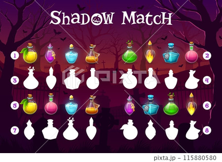 Halloween shadow match game, witch magic potion bottles. Find a correct shade of cartoon flask with concoction. Kids vector worksheet, educational riddle for logical mind development of children Halloween shadow match game, witch magic potion bottles. Find a correct shade of cartoon flask with concoction. Kids vector worksheet, educational riddle for logical mind development of children 115880580