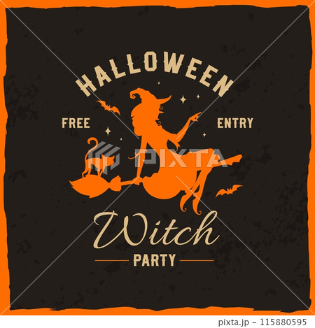Halloween retro banner with witch silhouette flying on broom with cat and bats. Vector Halloween holiday horror night trick or treat party grunge poster or invitation card with magic characters 115880595